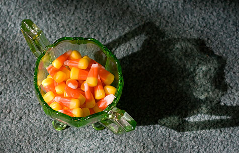 candy corn in glass bowl