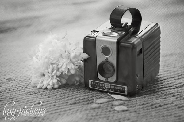 antique camera and flower black and white